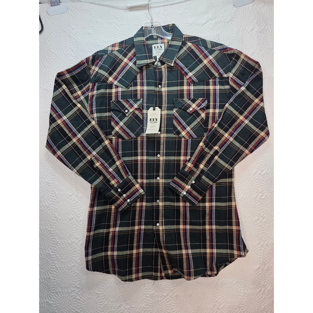 Ely Cattleman Flannel Western Shirt Mens Large Tall LT Green Plaid New Snaps